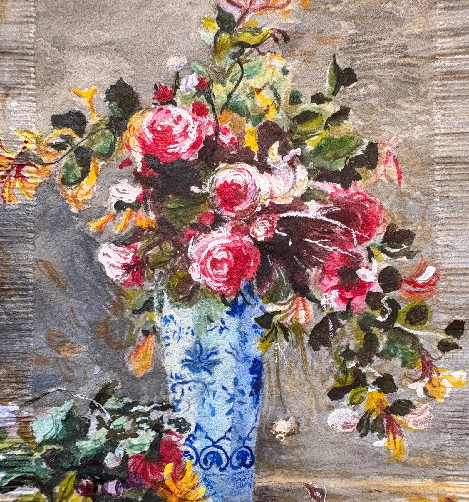"Rosas e jasmins em um vaso Delft"  (1881), releitura de Pierre-Auguste Renoir