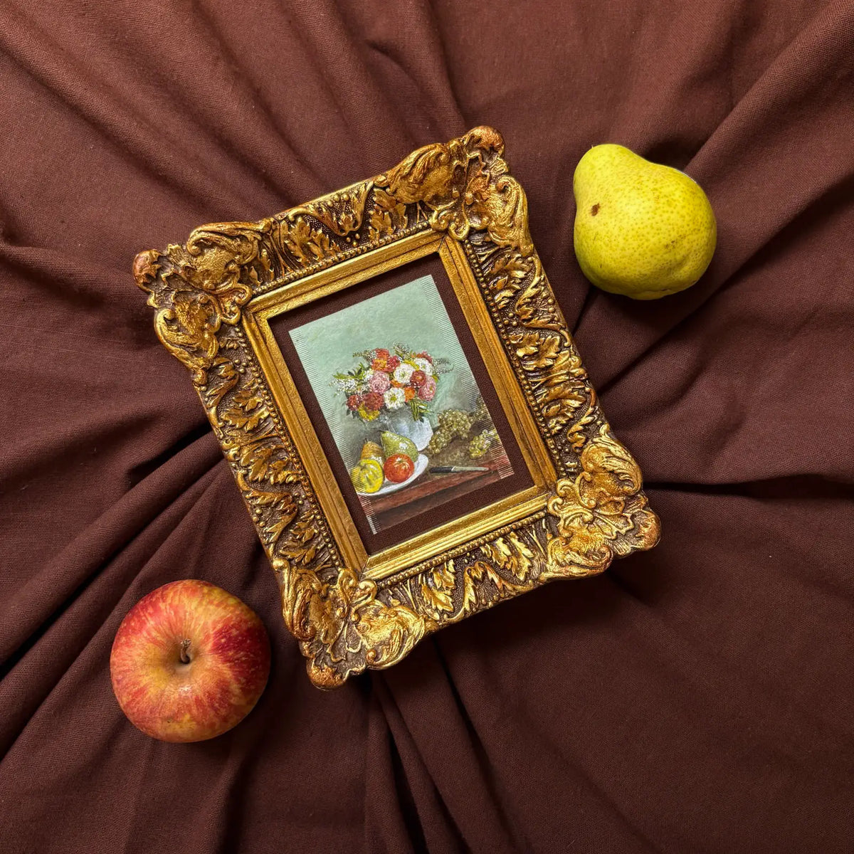 "Flores e frutas"  (1865), releitura de Henri Fantin-Latour