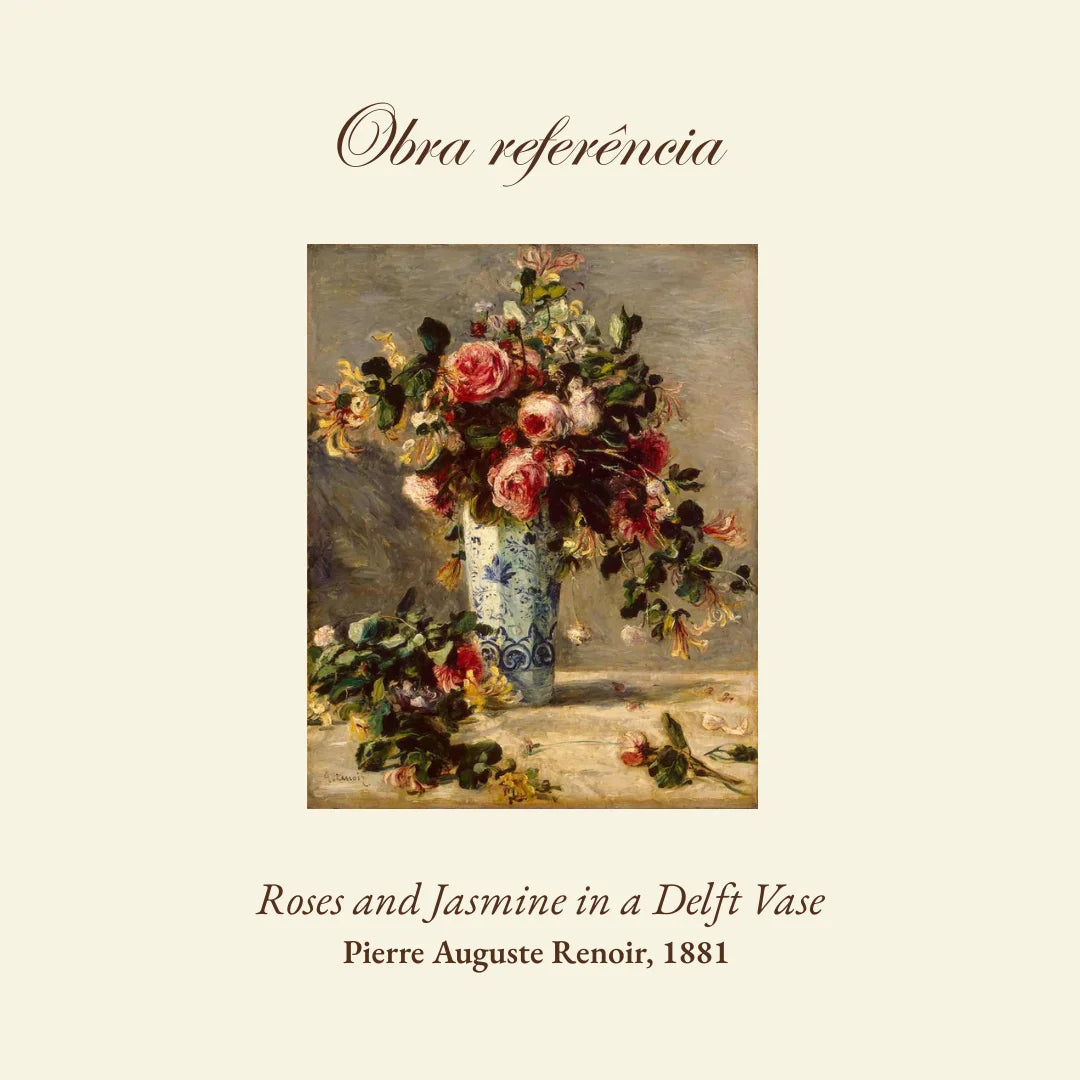 "Rosas e jasmins em um vaso Delft"  (1881), releitura de Pierre-Auguste Renoir